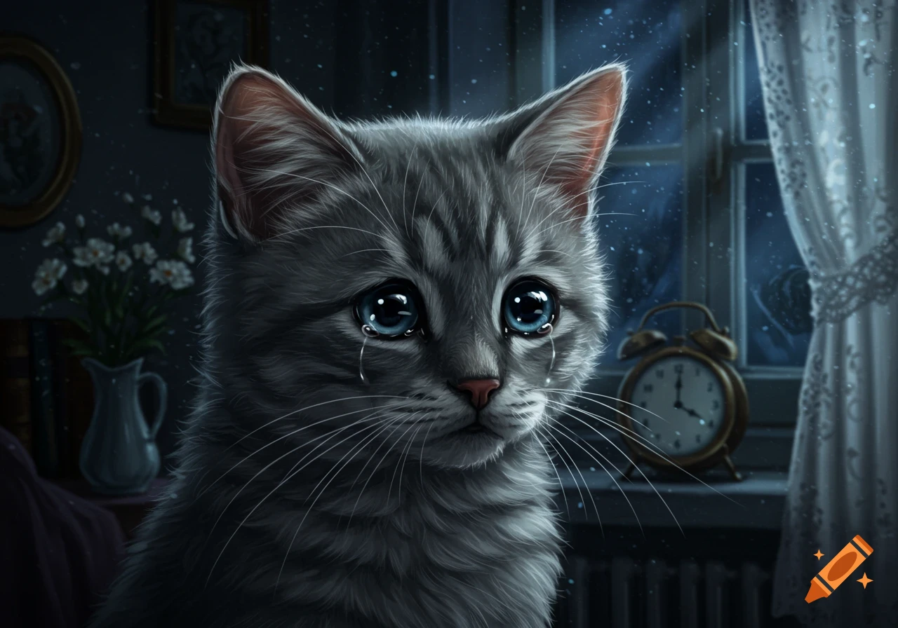 A grey tabby cat with big blue eyes cries, with tears streaming down its face, in a dimly lit room with a snowy window and an antique clock.