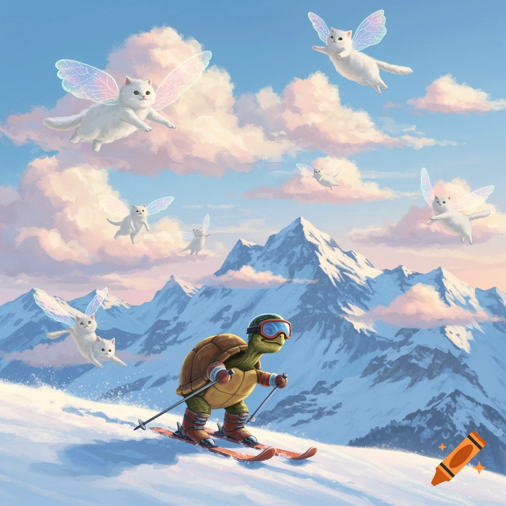 A whimsical illustration of a turtle skiing down a snowy mountain slope while several winged white cats fly through the cloudy sky.