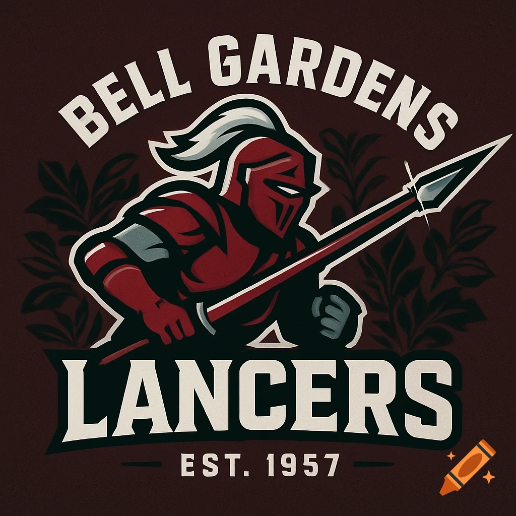 A stylized burgundy, grey, and white school logo featuring a knight (lancer mascot) with a spear, set against a dark background with leaves. Text reads BELL GARDENS LANCERS EST. 1957.