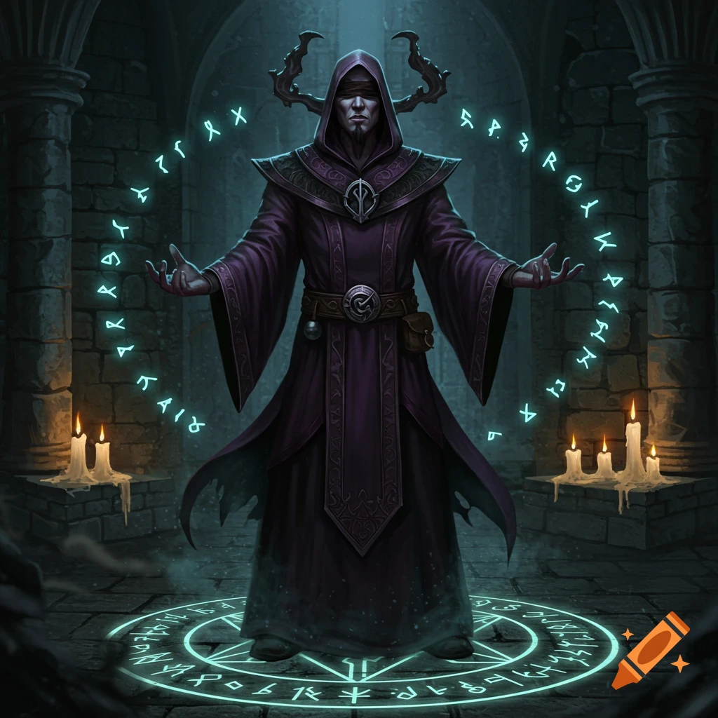A dark wizard in a blindfold and purple robes stands in a dungeon, surrounded by glowing runes.