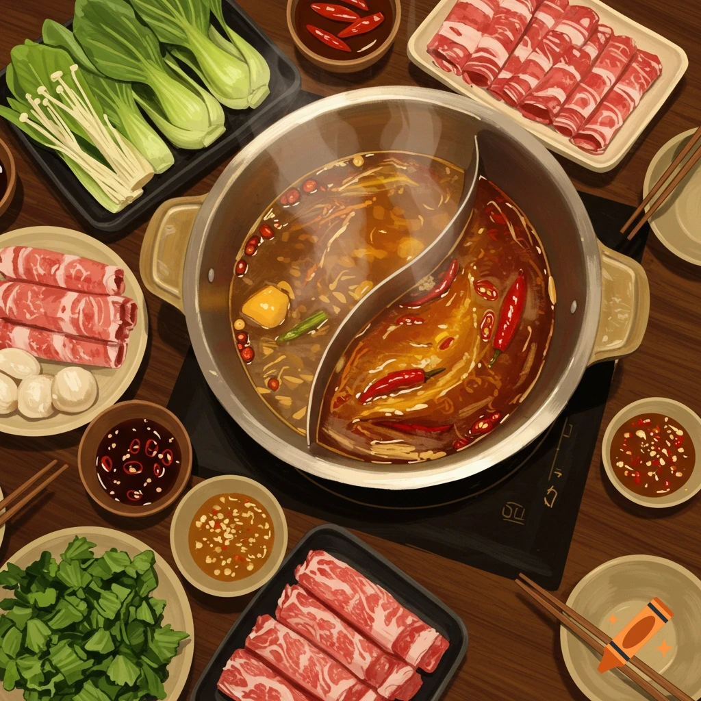 Top-down painting of a hot pot with raw meats, vegetables, mushrooms, and dipping sauces on a wooden table.