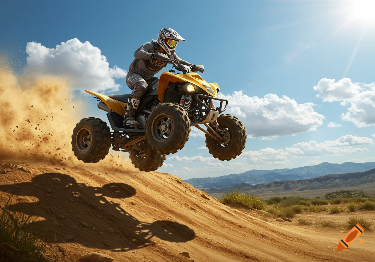 A man on a yellow ATV jumps over a dirt hill, kicking up dust under a bright blue sky. Photorealistic.