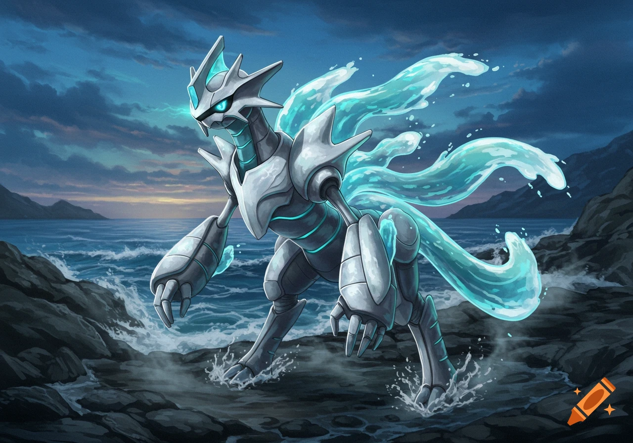 A large, bipedal, white and grey armored creature with glowing teal accents and flowing water-like tails stands on a rocky shore by a churning ocean under a cloudy twilight sky, digital art.
