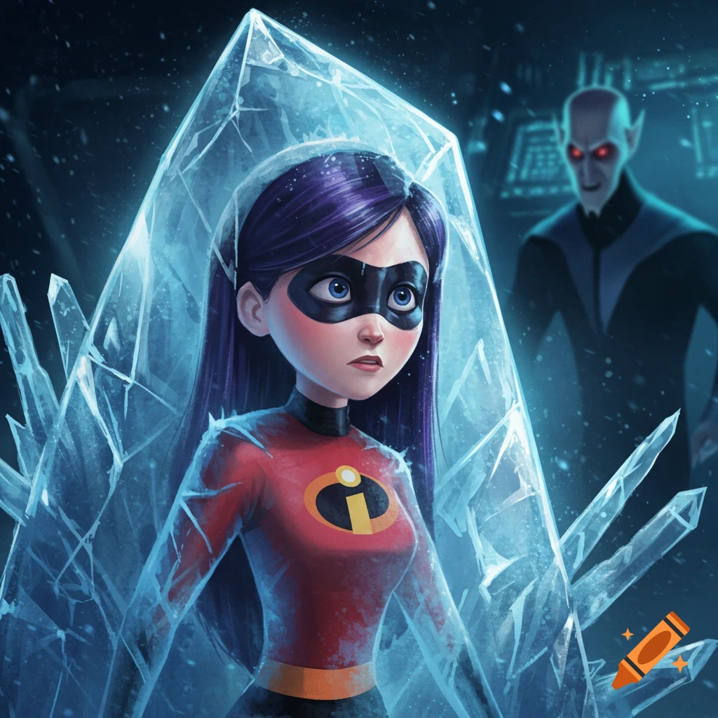 Violet from The Incredibles, with purple hair and a black mask, frozen in a jagged ice block, looks concerned as Syndrome stands ominously in the dark background.