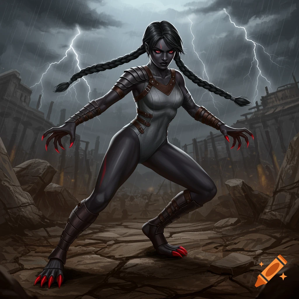 A dark-skinned female fantasy warrior with red eyes, braided hair, and red talons, crouching in ruins under a stormy, lightning-filled sky.