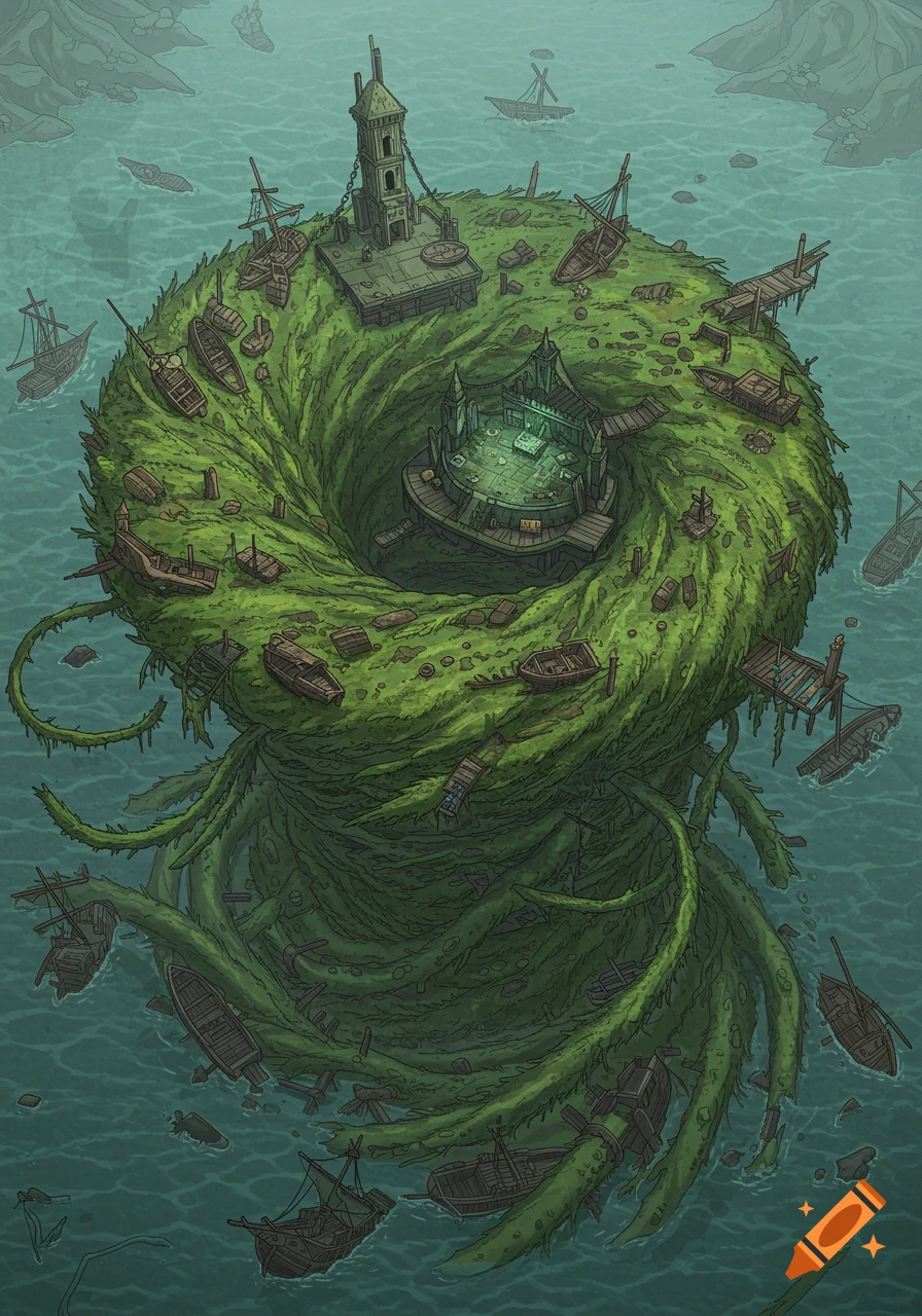 Overhead map of a swirling green seaweed island with trapped broken ships and ruined structures, in a D&D style.