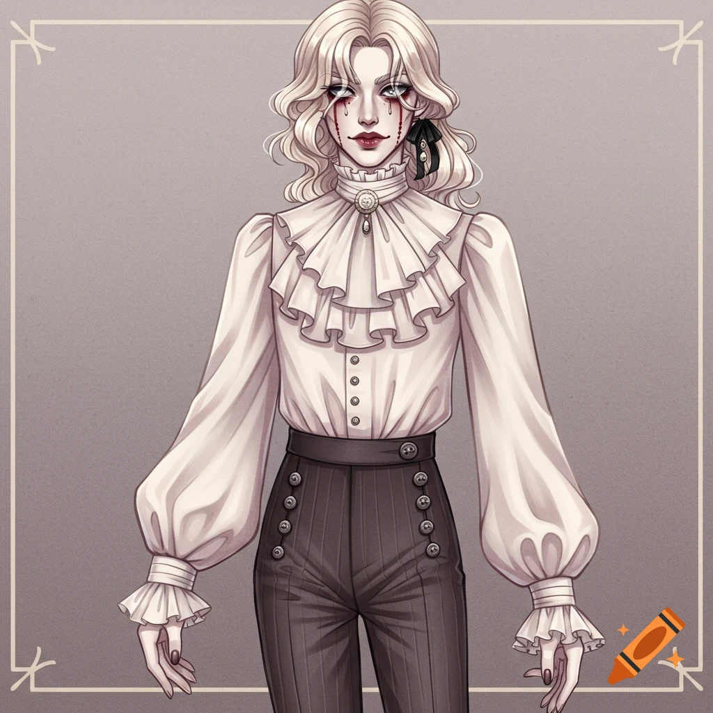 An anime-style character with pale skin, crimson tears, and blonde hair, wearing a ruffled white blouse and dark pinstripe trousers.