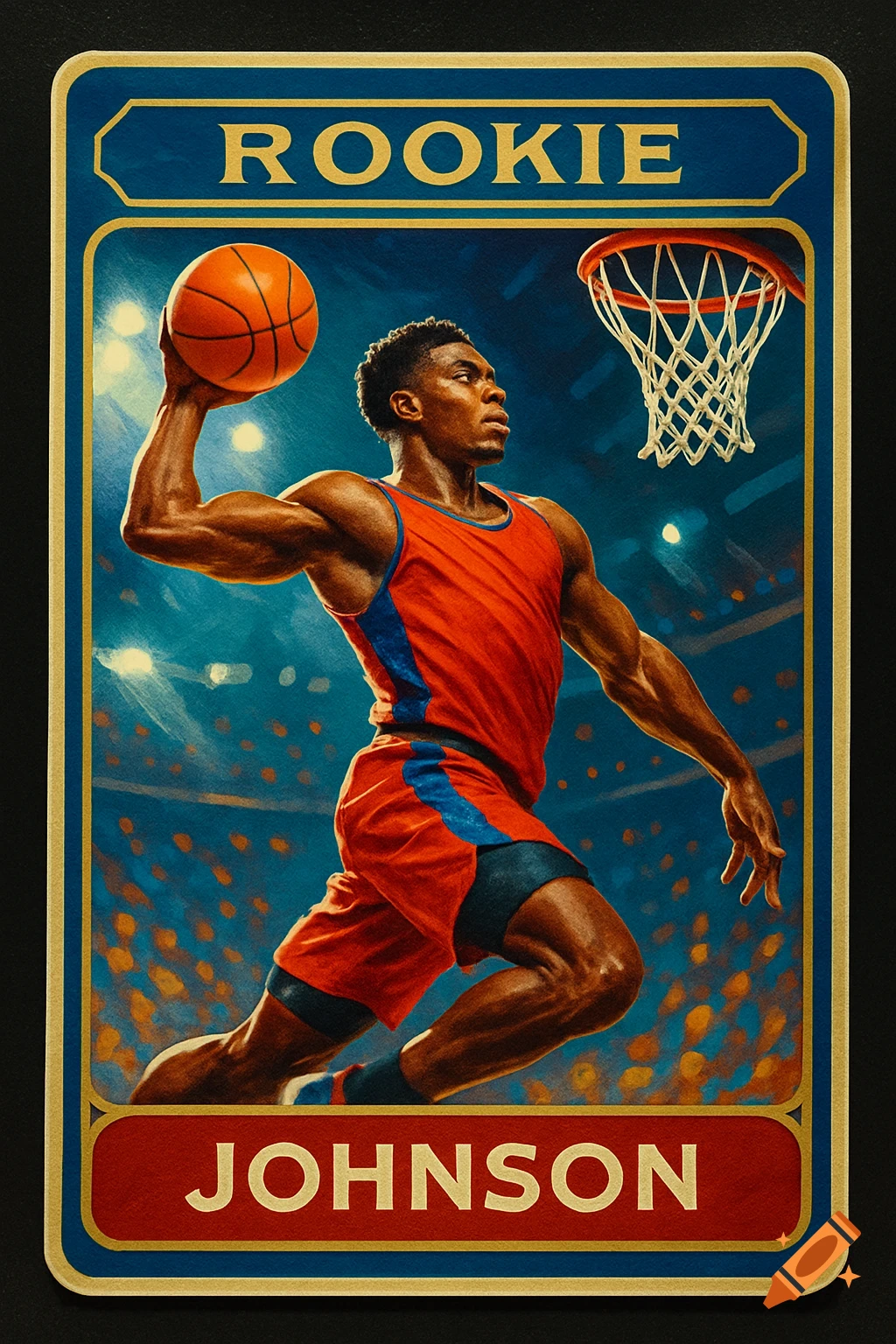 A vintage-style basketball trading card featuring a player in a red jersey dunking a basketball, with 'ROOKIE' and 'JOHNSON' text.