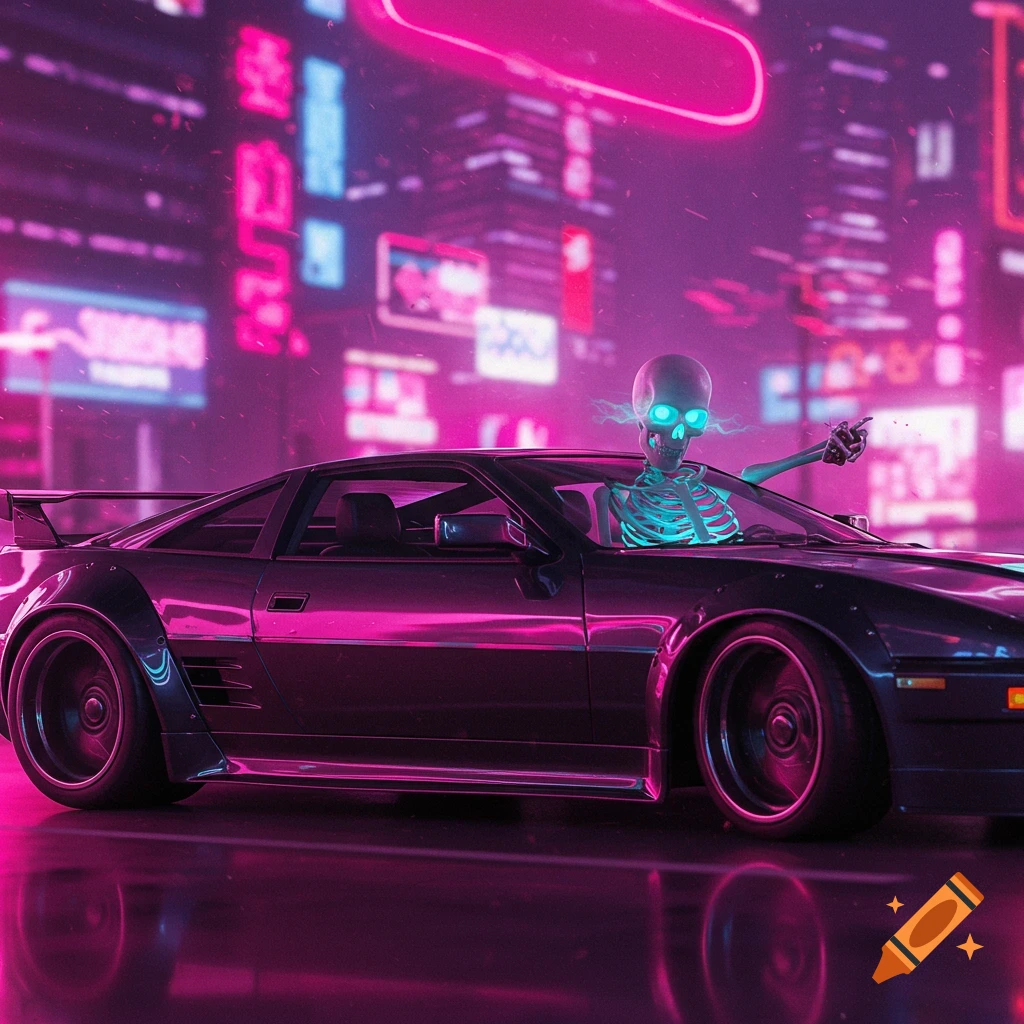 A skeleton with glowing blue eyes drives a black supercar through a neon-lit cyberpunk city at night.