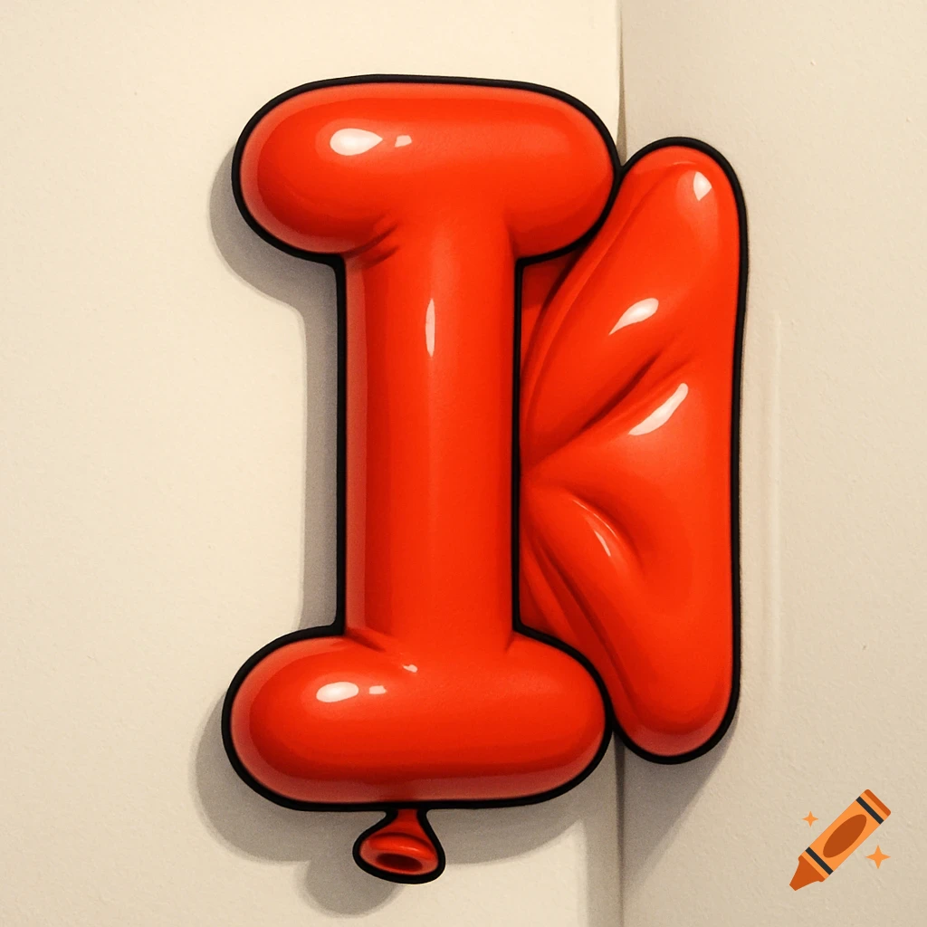 A glossy red balloon shaped like a capital letter I, pressed against a light-colored wall or corner.