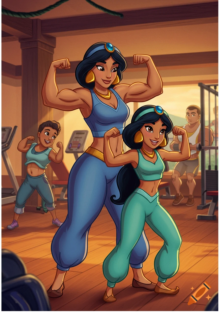 Cartoon illustration of muscular Jasmine and a smaller girl flexing in a gym.