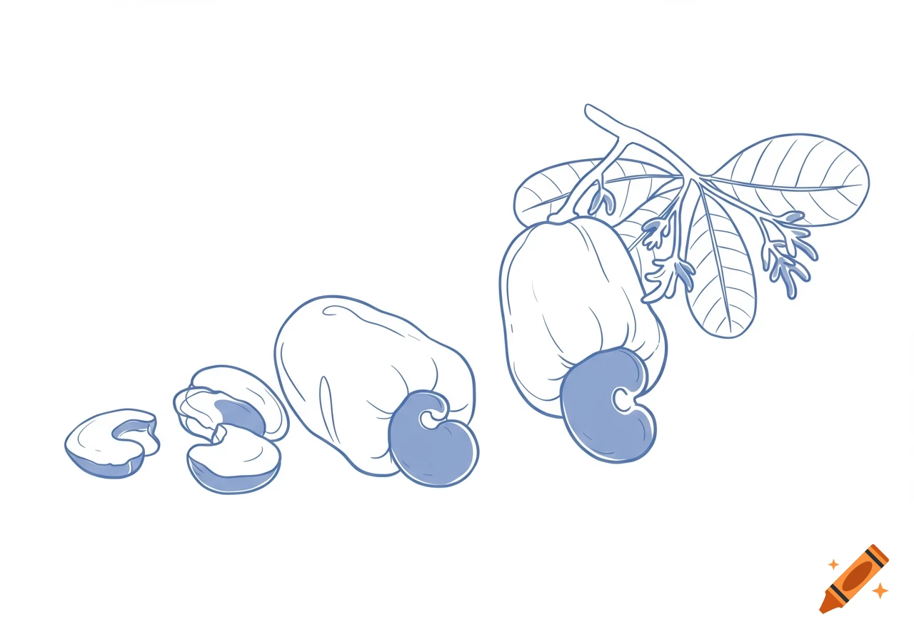 Minimalist outline drawing of blue cashew fruits, some with leaves, and some shelled.