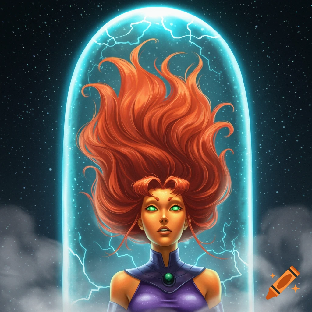 Illustration of Starfire from DC Comics, with long red hair and green eyes, suspended within a glowing blue stasis field against a starry background.