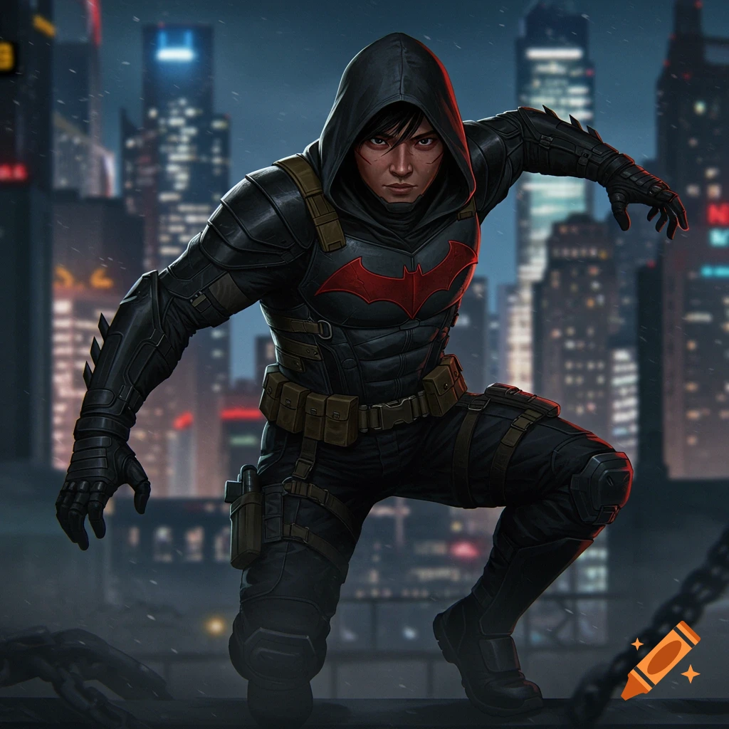 A comic art style image of an Asian superhero in a black and red bat-symbol suit and hood, crouching on a rooftop overlooking a city at night.