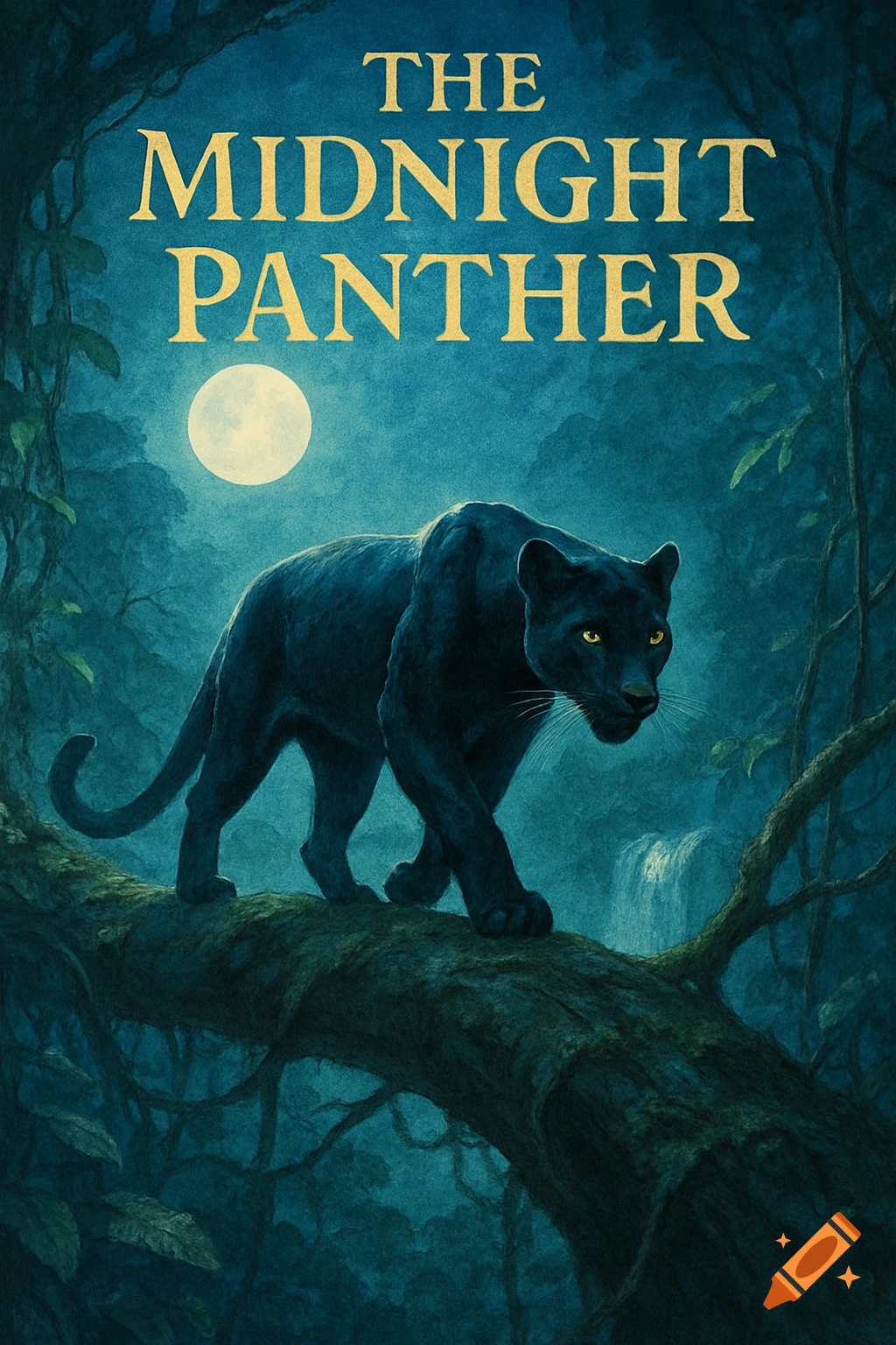 A black panther walks on a tree branch at night under a full moon, with a waterfall in the background and jungle foliage. The text 'THE MIDNIGHT PANTHER' is at the top.