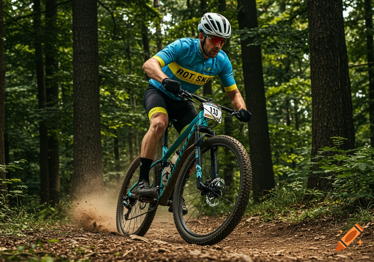 A man on a mountain bike rides down a rocky forest trail, kicking up dirt.
