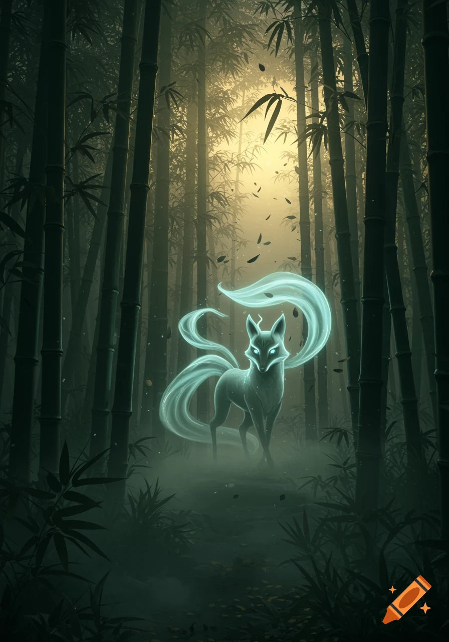 An ethereal, glowing fox-like Yokai stands in a mystical bamboo forest, with light filtering through the trees.