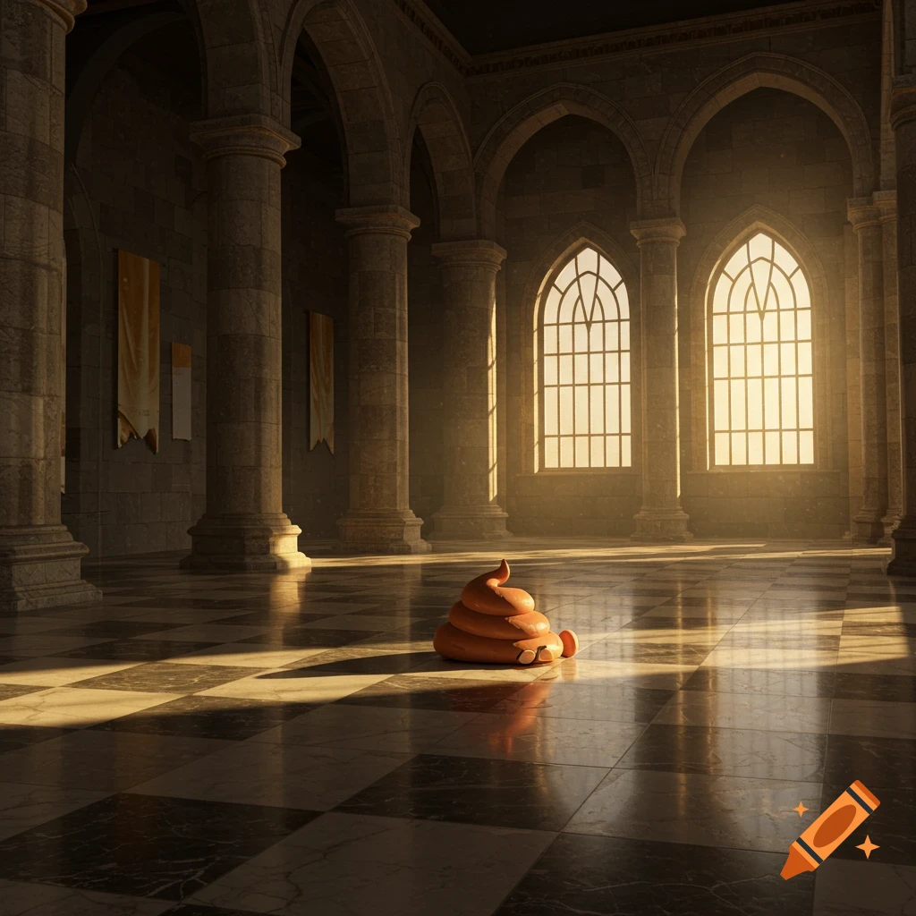 A stylized, curly brown poop sits on a black and white checkerboard marble floor in a grand stone hall with columns and sunlit arched windows.