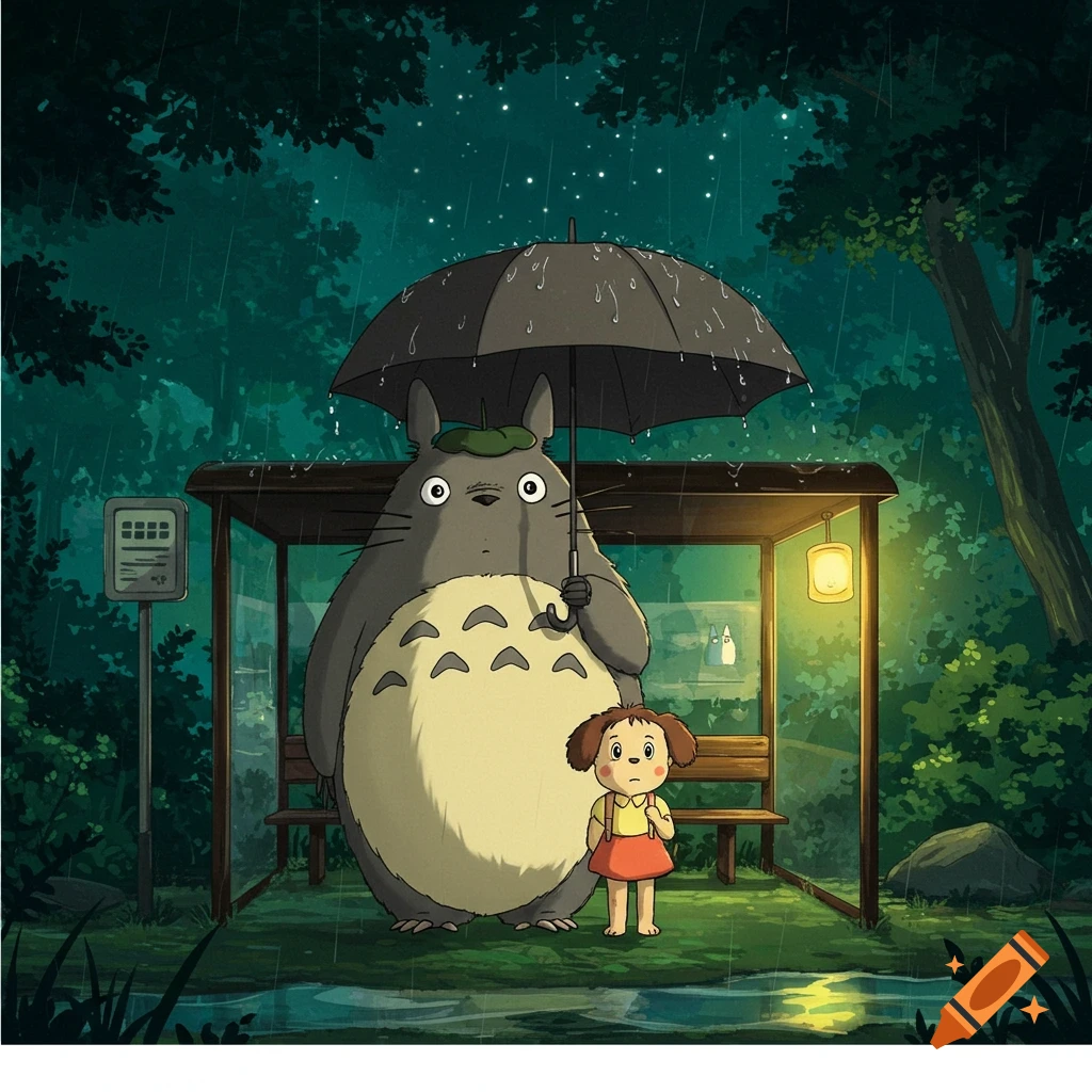 A large grey Totoro holds a black umbrella over a small brown dog at a bus stop during a rainy night.