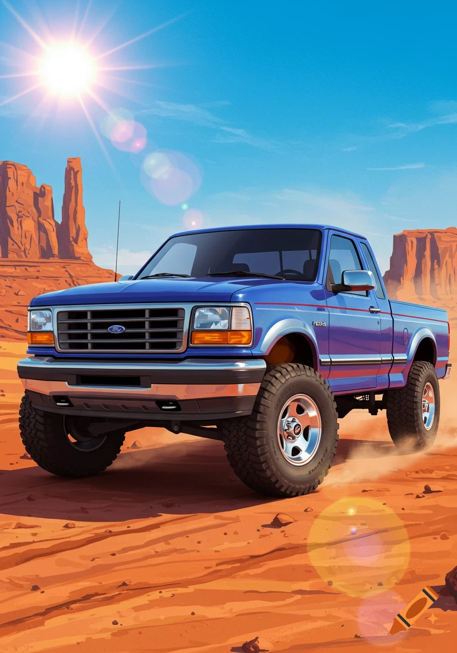 A stylized blue Ford pickup truck with large tires drives through a dusty red desert landscape with rock formations under a bright sun.