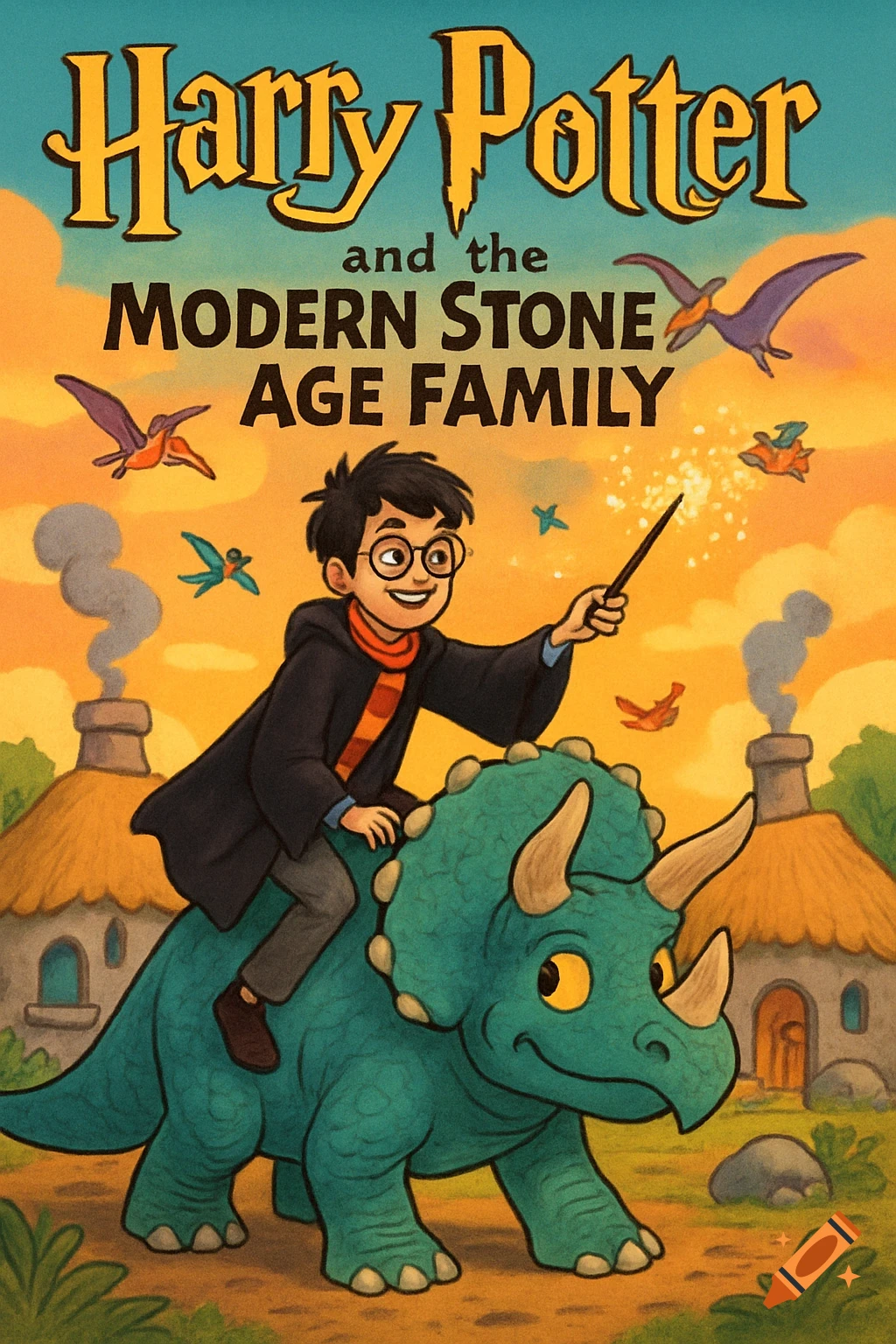 Cartoon book cover with Harry Potter riding a blue triceratops, holding a magic wand. Text: 'Harry Potter and the Modern Stone Age Family'.