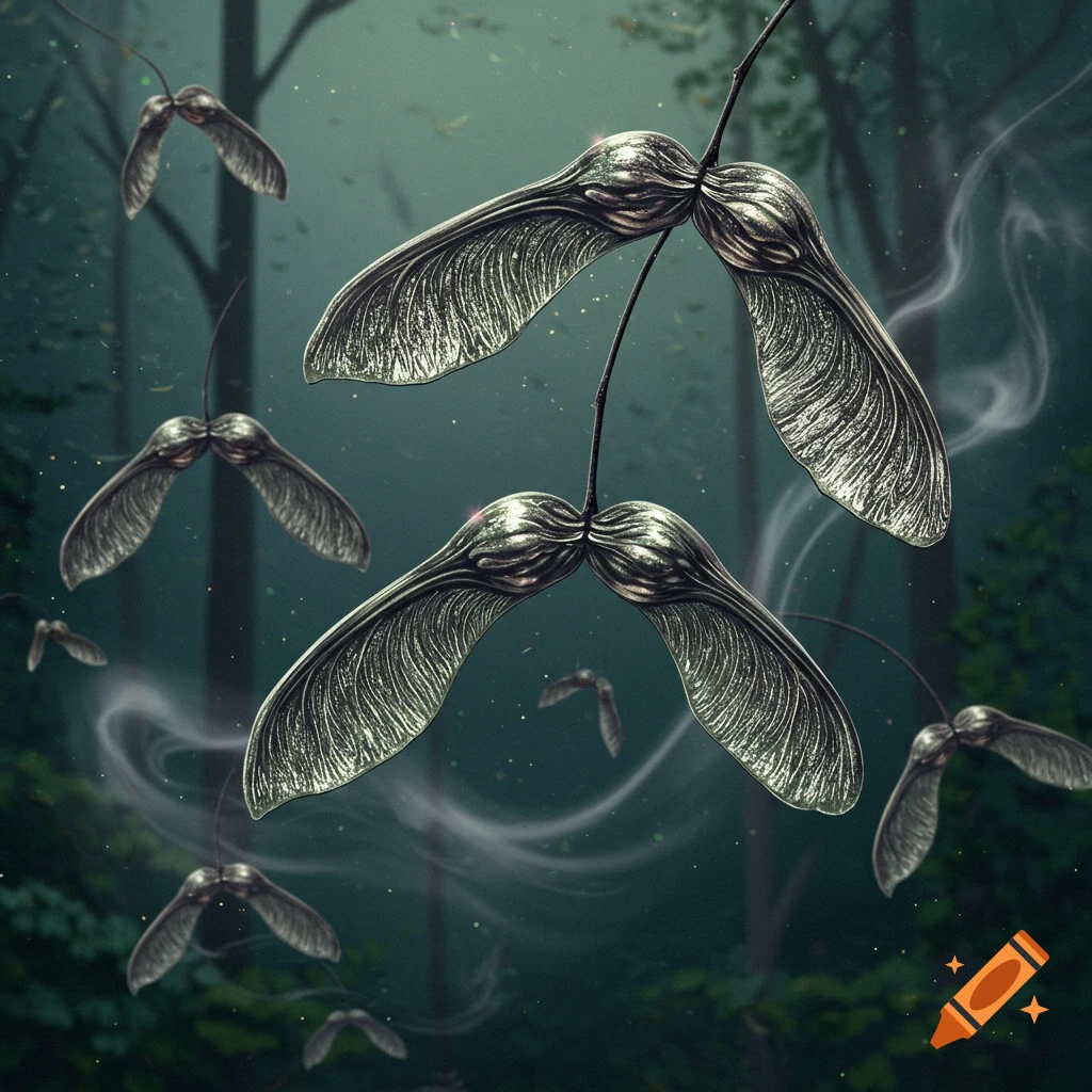 Metallic winged seeds float through a dark, misty forest.