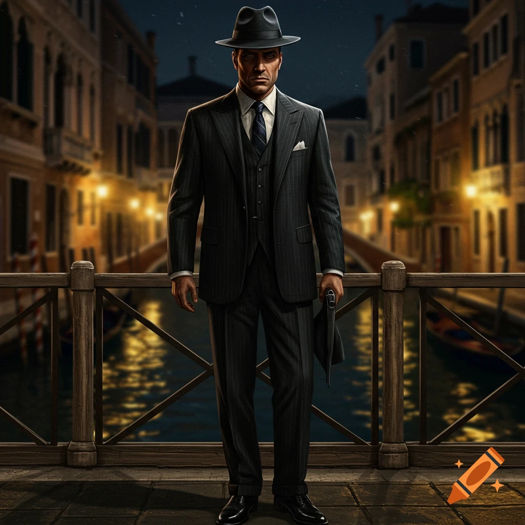 A man in a dark pinstriped suit and fedora stands on a bridge over a Venice canal at night.