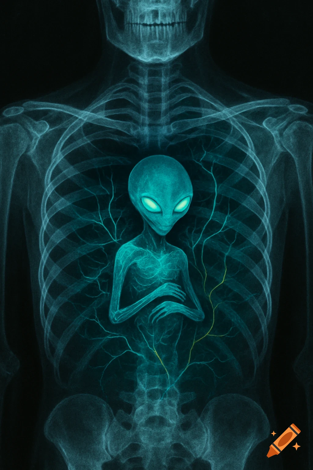 An X-ray showing a small alien creature with glowing eyes inside a human ribcage.