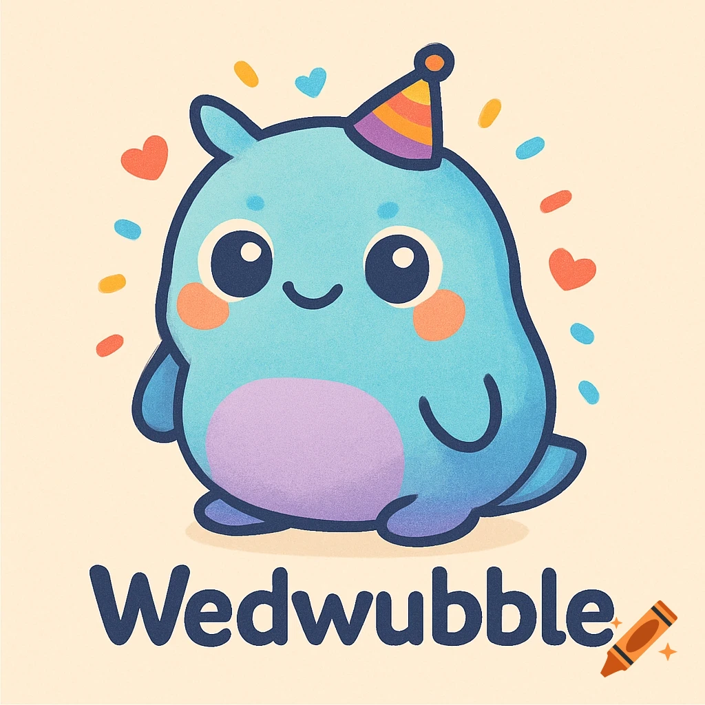 A cute, round blue cartoon creature wearing a party hat with colorful sprinkles and hearts, with the word 'Wedwubble' below it.