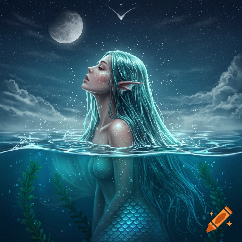 A mermaid with long teal hair rises from the water under a full moon at night, looking up at the starry sky.