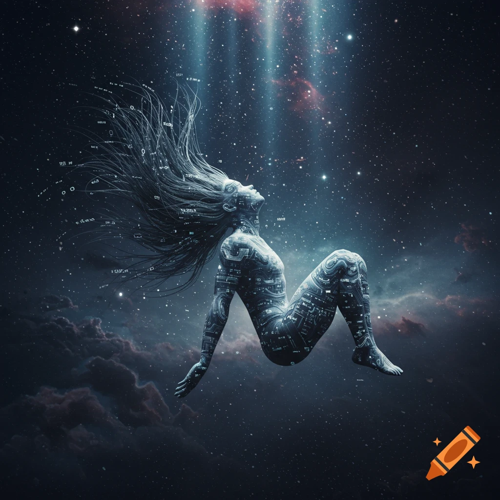 A futuristic figure with circuit patterns on her body floats in starry space, her hair dissolving into data streams.