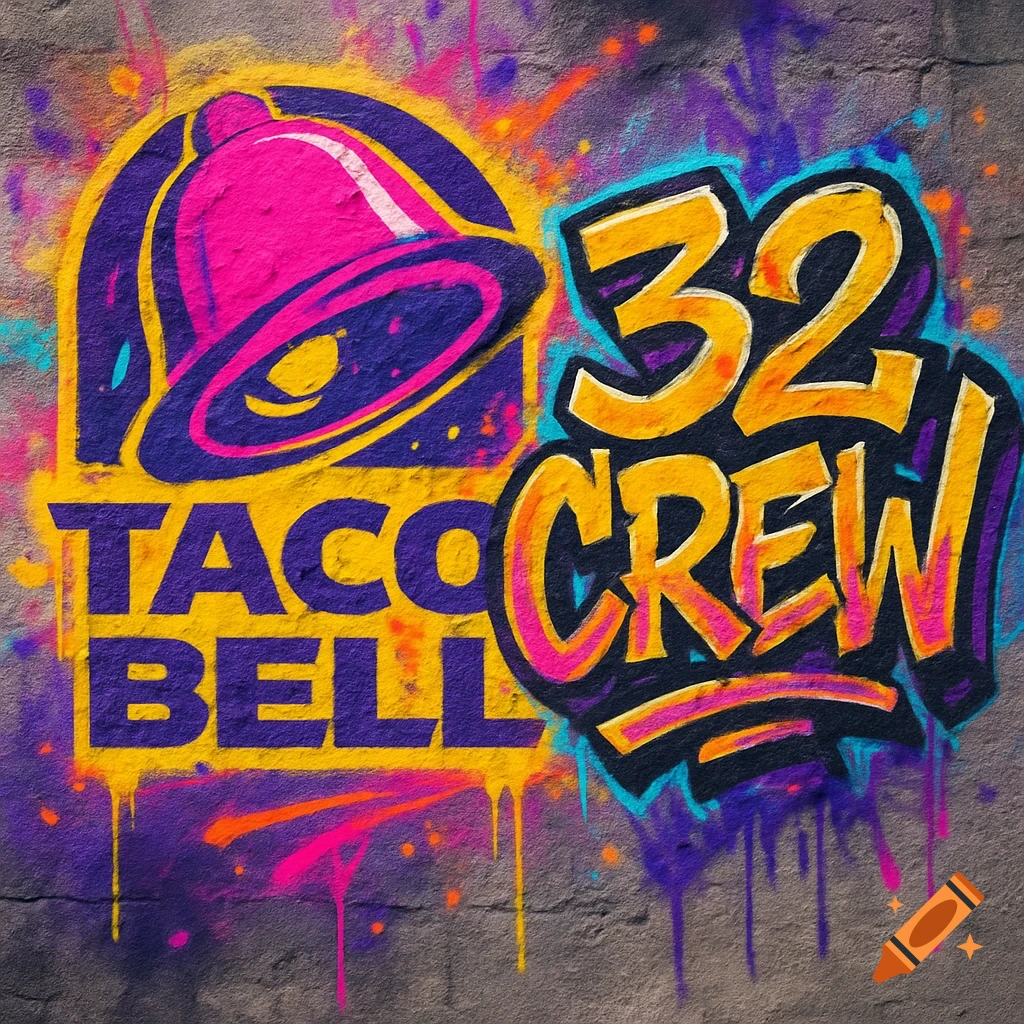 Graffiti art of a pink and purple Taco Bell logo next to '32 CREW' in yellow and orange on a grey wall.