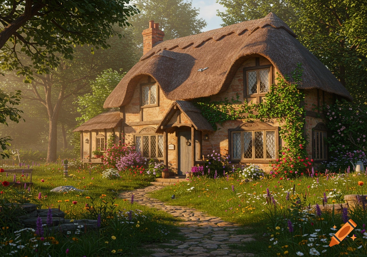 An idyllic cottage with a thatched roof and climbing vines, surrounded by a vibrant flower garden and a stone path, bathed in golden sunlight.