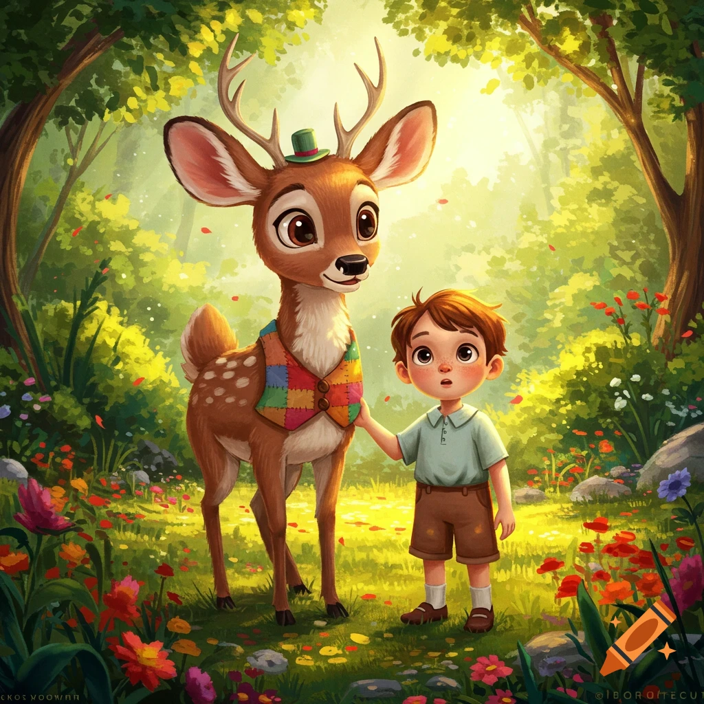 A cartoon boy stands next to a deer in a colorful patchwork vest and green hat in a vibrant, sunlit magical forest with flowers.