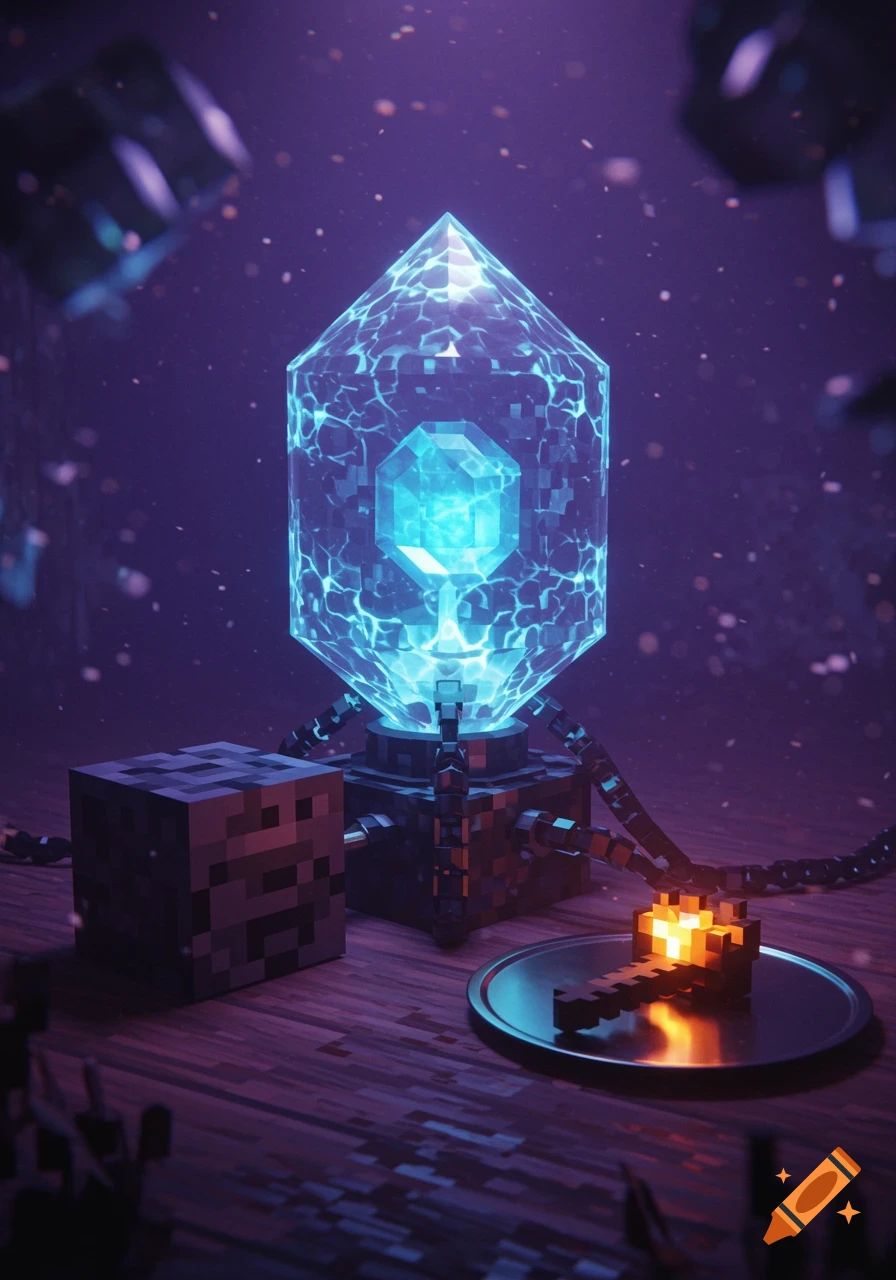 A glowing blue crystal sits on a wooden surface next to a pixelated block and a glowing orange pixelated key, in a dark, mystical setting.