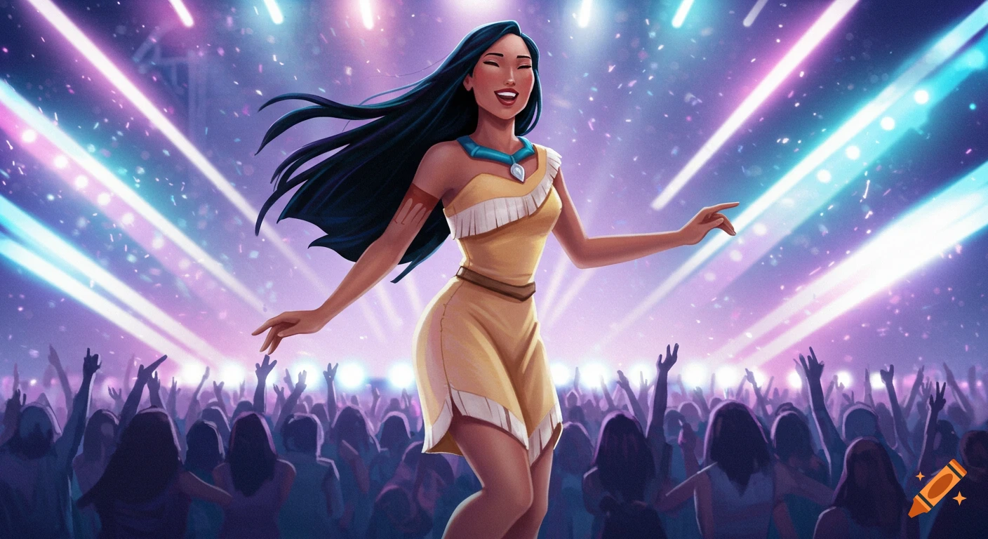 Pocahontas dances and smiles on stage at a vibrant Kpop concert with a cheering crowd and bright lights.