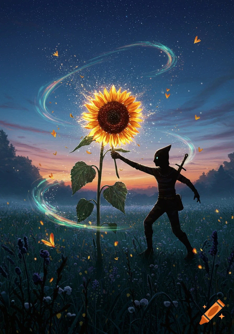 A silhouetted figure in a hooded cloak reaches towards a glowing sunflower in a magical twilight field with sparkling light and butterflies.