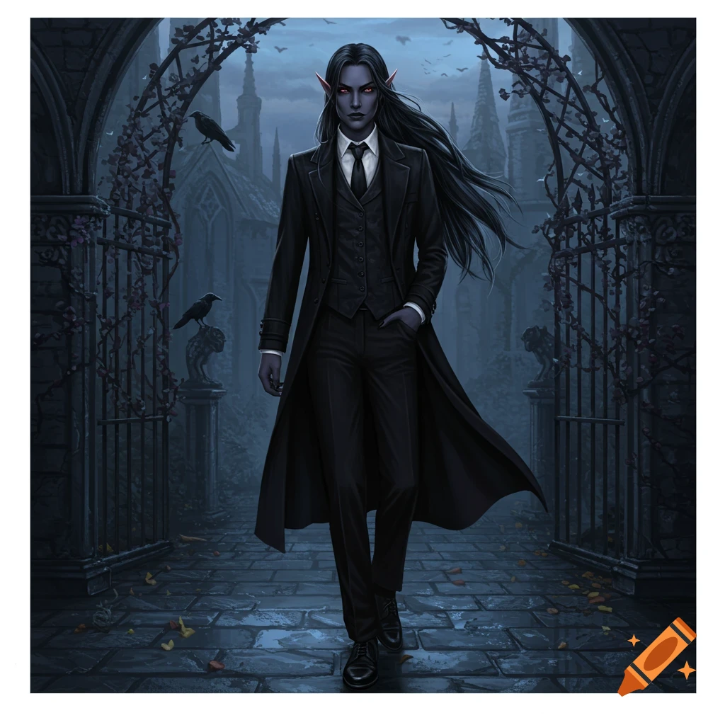 A dark elf man with long black hair and red eyes, wearing a black suit, stands on a stone path in front of ornate gothic gates.