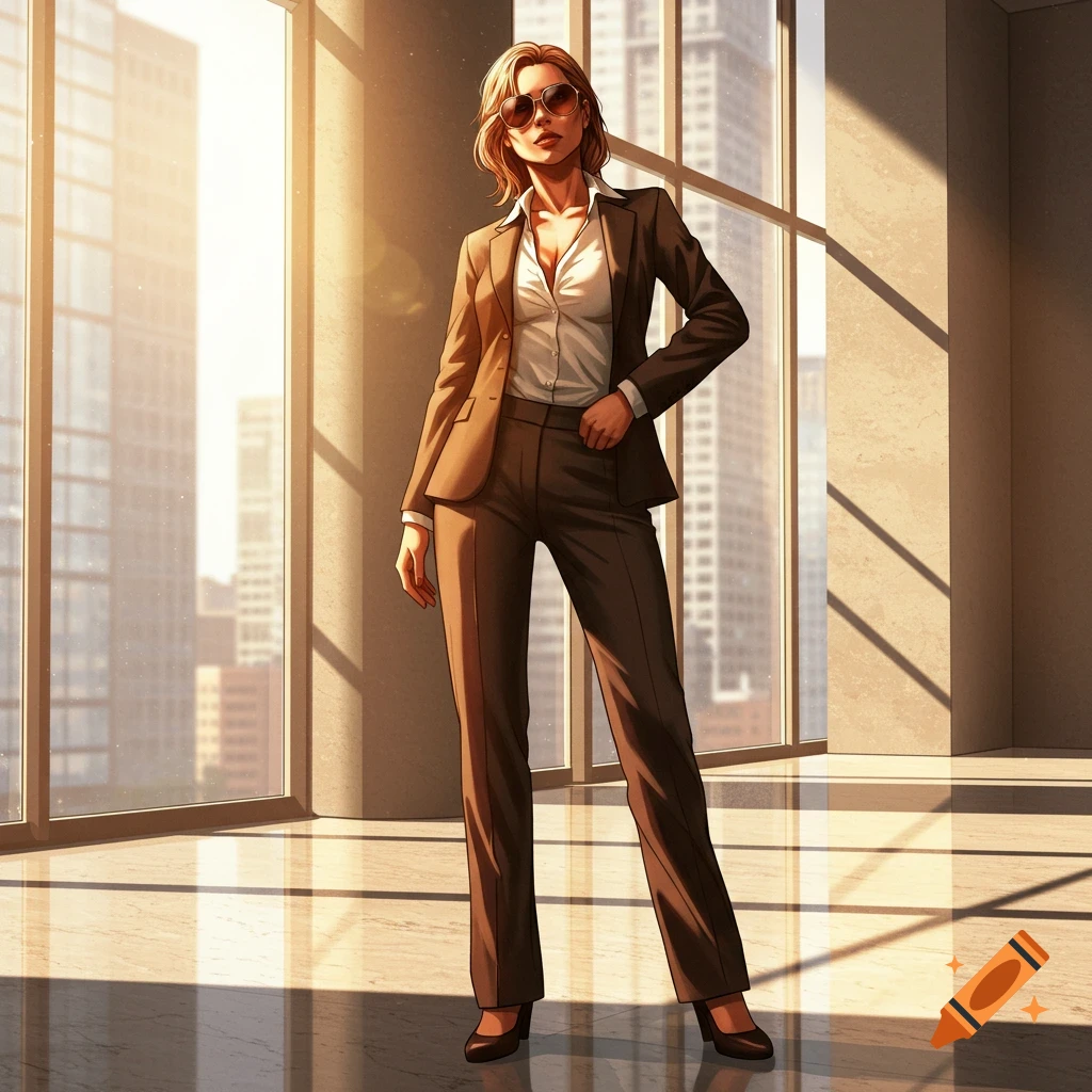 An illustrated woman in a business suit and sunglasses stands in a sunlit office overlooking a city.