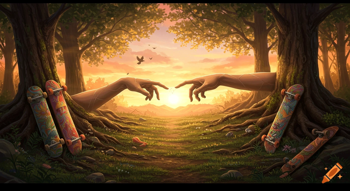 Two colossal hands reach towards each other from large trees in a vibrant, sunset-lit forest with skateboards leaning on the roots.