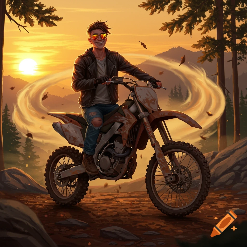 A stylized illustration of a smiling man on a dirt bike at sunset in a forest.