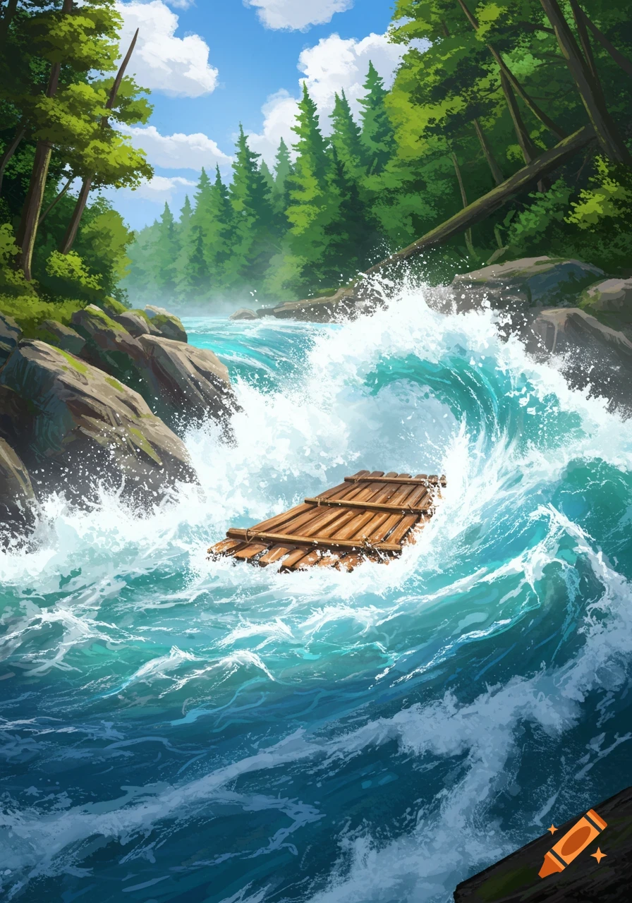 A wooden raft floats precariously in a turbulent river surrounded by rocky shores and a dense green forest under a blue sky.