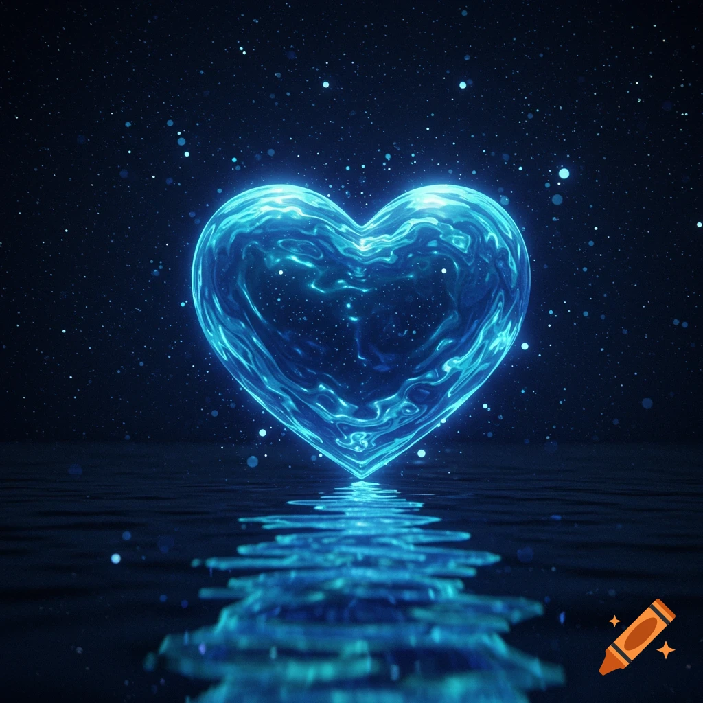 A glowing blue liquid heart floats on a reflective water surface under a starry, dark sky.