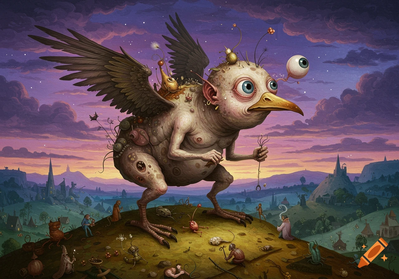 A bizarre, bird-like creature with human arms, an eye on a stalk, and strange growths stands on a hill in a surreal landscape with tiny figures, in a Boschian style.