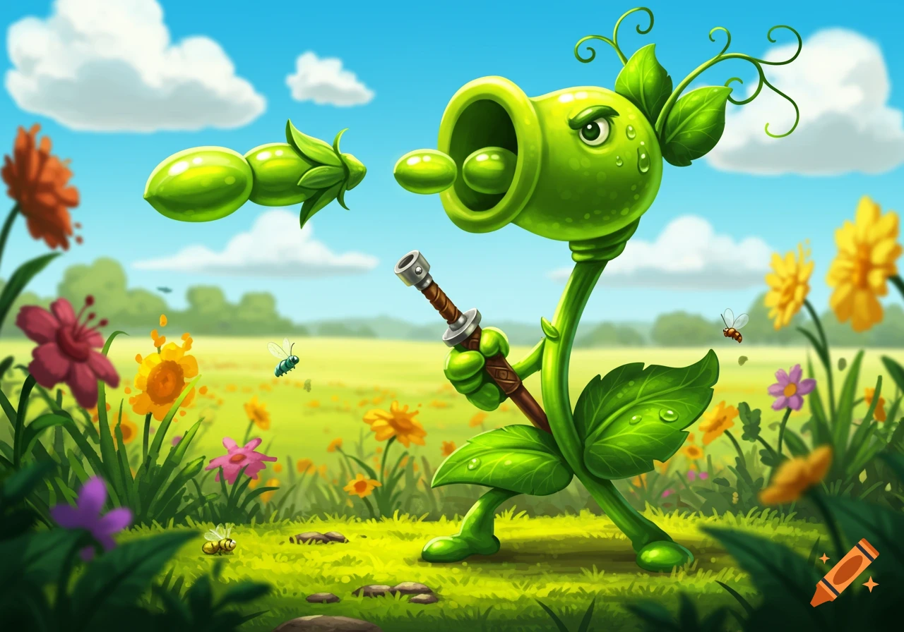 A cartoon green pea shooter plant in a vibrant field shoots peas while holding a staff, surrounded by colorful flowers and flying insects.