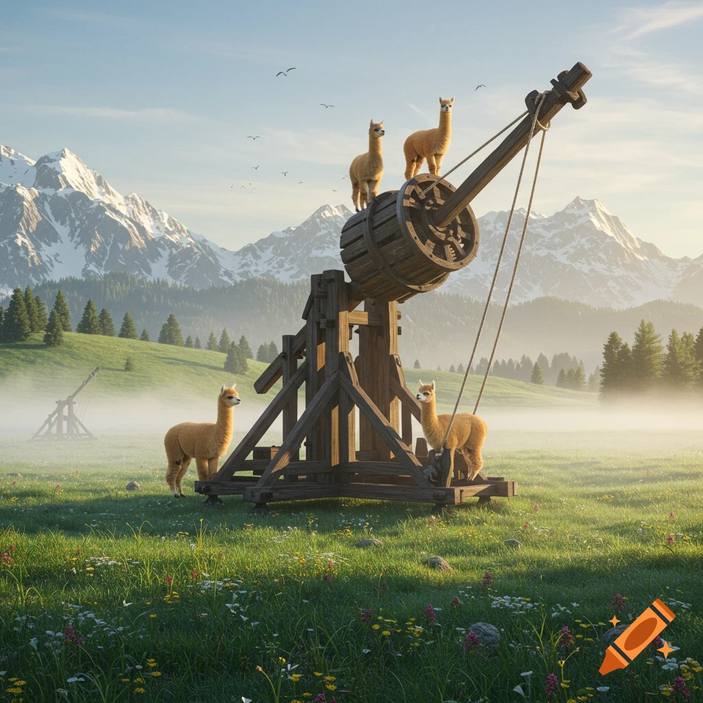 Four alpacas near a large wooden trebuchet in a sunlit, misty mountain valley with green fields and distant forests, photorealistic.