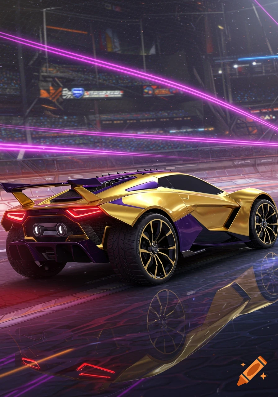 A sleek gold and purple futuristic car with black wheels sits on a reflective surface in a stadium with purple neon lights overhead.