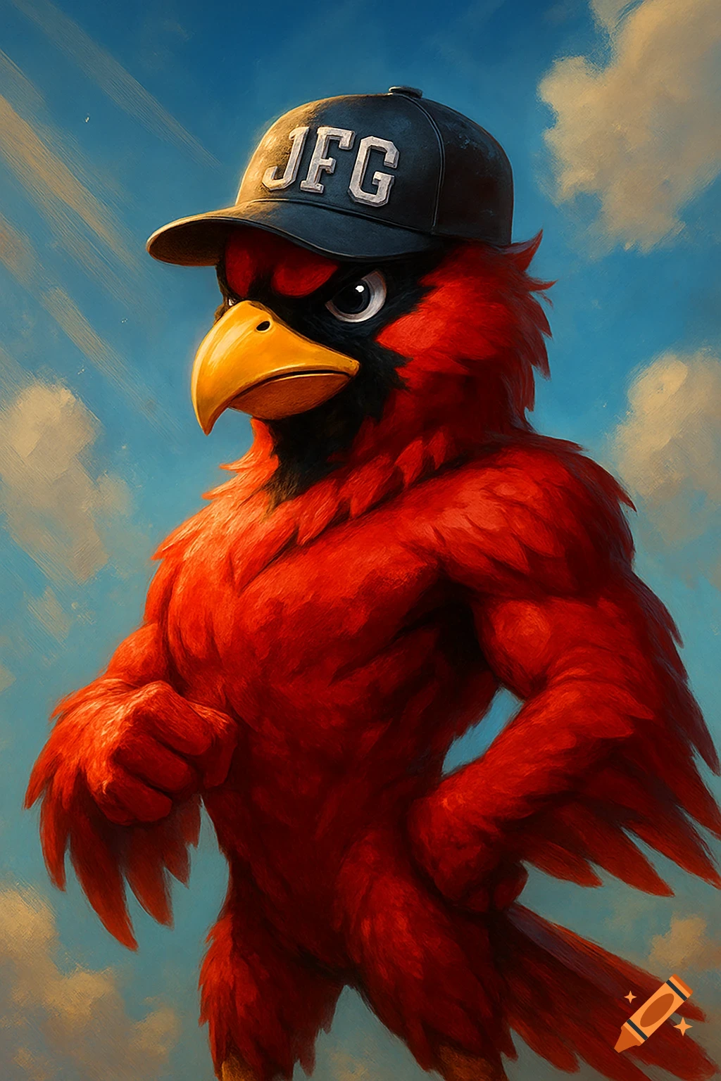 A muscular red cardinal mascot wearing a black baseball cap with 'JFG' on it, against a blue sky with clouds.