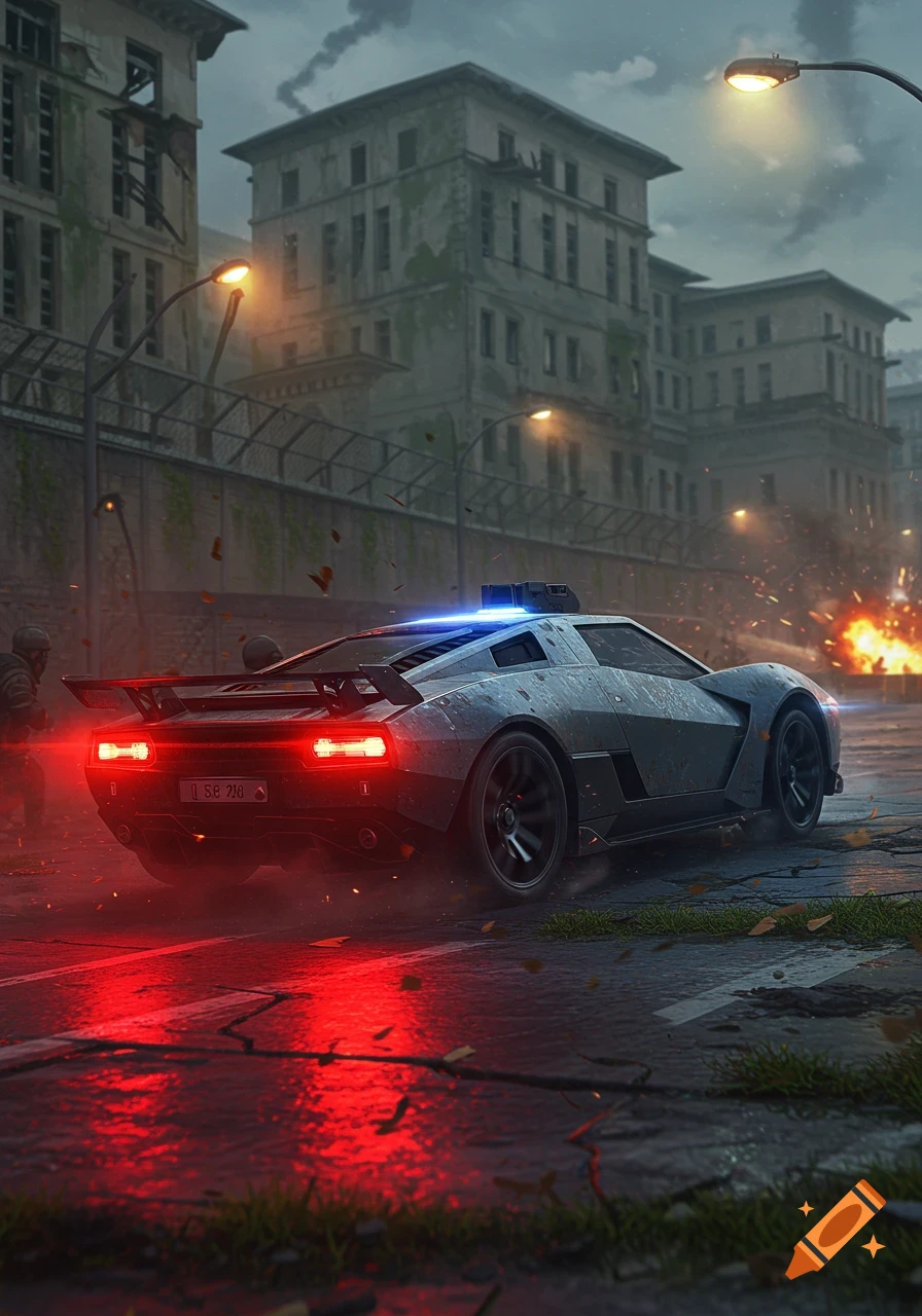 A dark, futuristic armored car with blue and red lights drives through a ruined, post-apocalyptic city street with an explosion in the background.