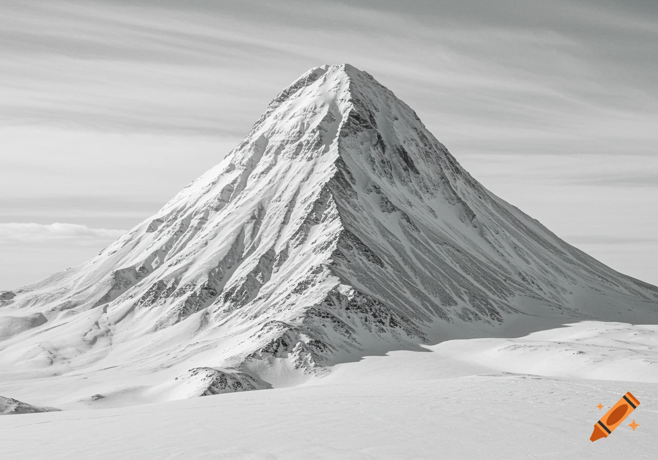 A striking black and white photograph of a snow-covered mountain peak against a cloudy sky.